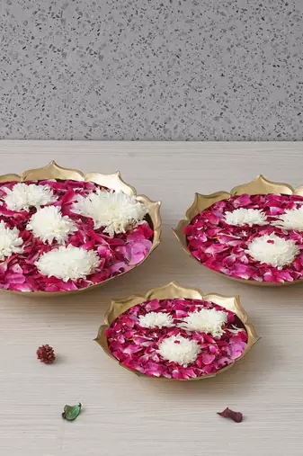 One set of 3 golden metal handcrafted traditional lotus flower shape designer urlis
