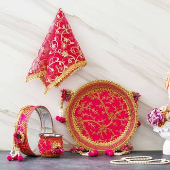 One pink golden floral designer stainless steel karwa chauth pooja thali set 1