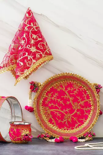 One pink golden floral designer stainless steel karwa chauth pooja thali set