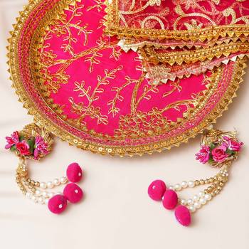 One pink golden floral designer stainless steel karwa chauth pooja thali set 2