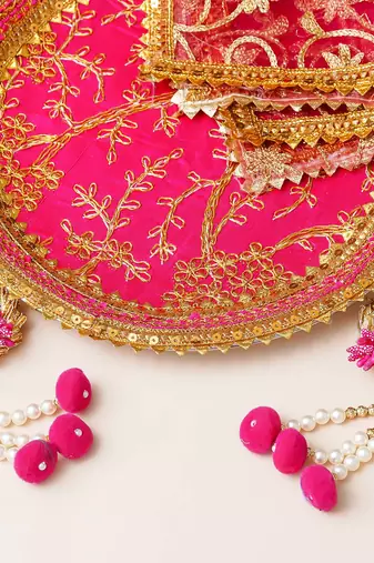 One pink golden floral designer stainless steel karwa chauth pooja thali set