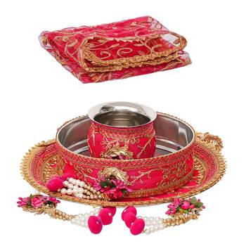 One pink golden floral designer stainless steel karwa chauth pooja thali set 3