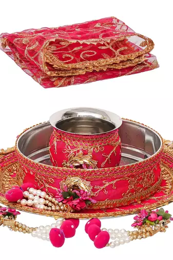 One pink golden floral designer stainless steel karwa chauth pooja thali set