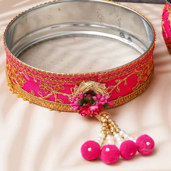 One pink golden floral designer stainless steel karwa chauth pooja thali set 4