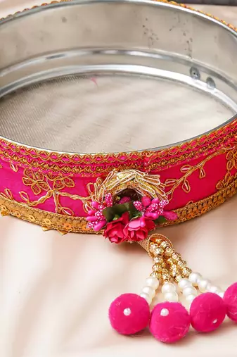 One pink golden floral designer stainless steel karwa chauth pooja thali set
