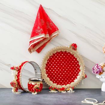 One red golden floral designer stainless steel karwa chauth pooja thali set 1