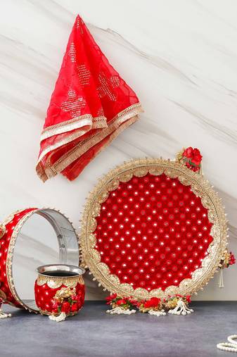 One red golden floral designer stainless steel karwa chauth pooja thali set