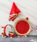 One red golden floral designer stainless steel karwa chauth pooja thali set