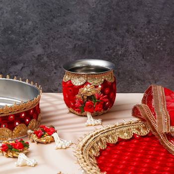 One red golden floral designer stainless steel karwa chauth pooja thali set 2