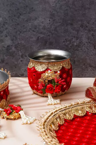 One red golden floral designer stainless steel karwa chauth pooja thali set
