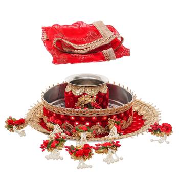 One red golden floral designer stainless steel karwa chauth pooja thali set 3