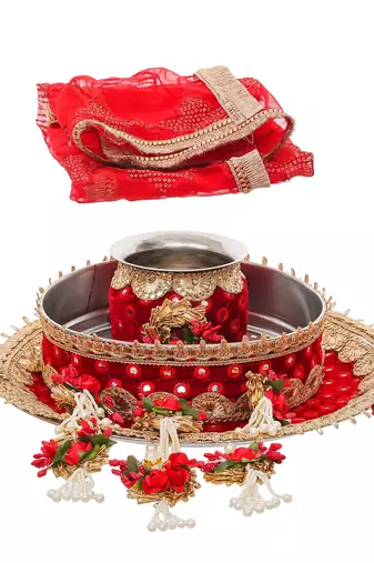 One red golden floral designer stainless steel karwa chauth pooja thali set