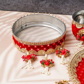 One red golden floral designer stainless steel karwa chauth pooja thali set 4