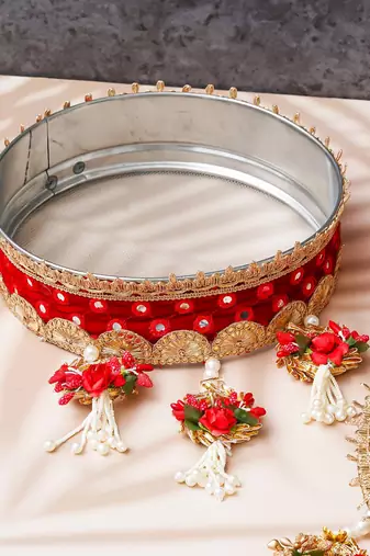 One red golden floral designer stainless steel karwa chauth pooja thali set