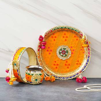 One multicolor designer stainless steel karwa chauth pooja thali set 1