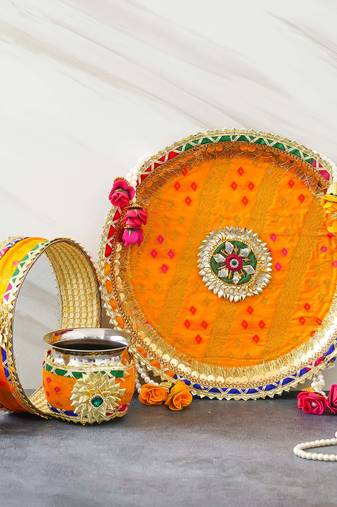 One multicolor designer stainless steel karwa chauth pooja thali set