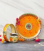 One multicolor designer stainless steel karwa chauth pooja thali set