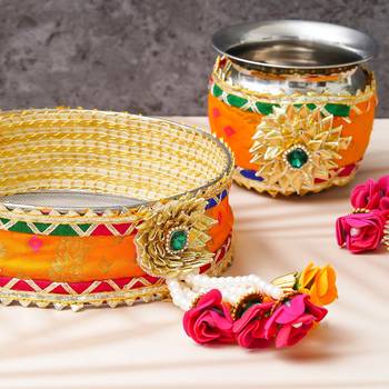One multicolor designer stainless steel karwa chauth pooja thali set 2