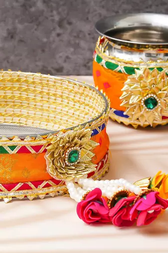 One multicolor designer stainless steel karwa chauth pooja thali set