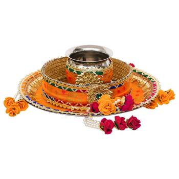 One multicolor designer stainless steel karwa chauth pooja thali set 3