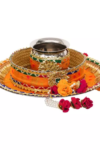 One multicolor designer stainless steel karwa chauth pooja thali set