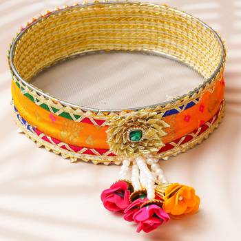 One multicolor designer stainless steel karwa chauth pooja thali set 4