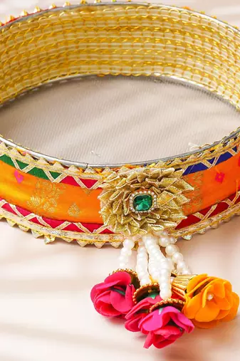 One multicolor designer stainless steel karwa chauth pooja thali set