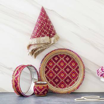 One brown golden designer stainless steel karwa chauth pooja thali set 1