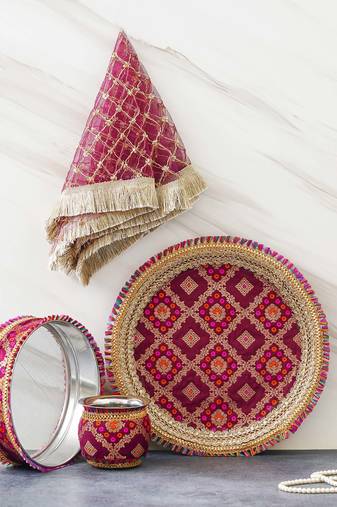 One brown golden designer stainless steel karwa chauth pooja thali set