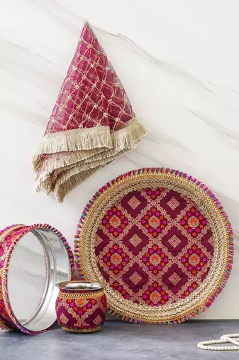 One brown golden designer stainless steel karwa chauth pooja thali set