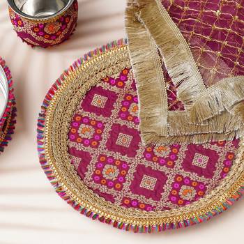 One brown golden designer stainless steel karwa chauth pooja thali set 2