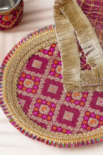 One brown golden designer stainless steel karwa chauth pooja thali set
