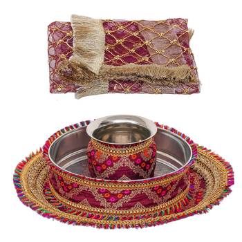 One brown golden designer stainless steel karwa chauth pooja thali set 3