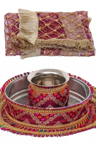 One brown golden designer stainless steel karwa chauth pooja thali set