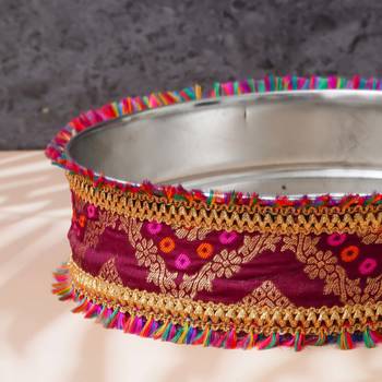 One brown golden designer stainless steel karwa chauth pooja thali set 4
