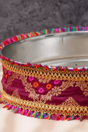 One brown golden designer stainless steel karwa chauth pooja thali set