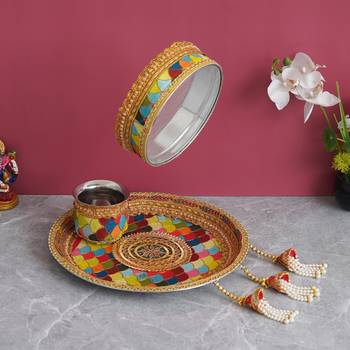 One multicolor rainbow designer stainless steel karwa chauth pooja thali set 1