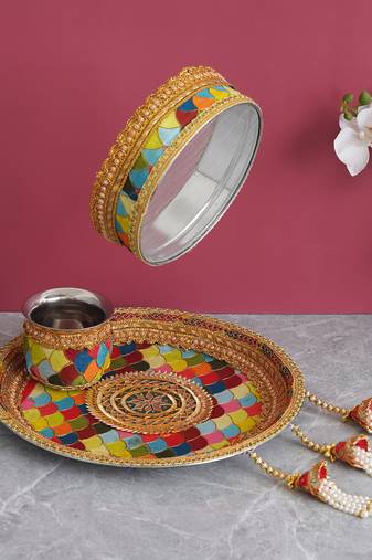 One multicolor rainbow designer stainless steel karwa chauth pooja thali set