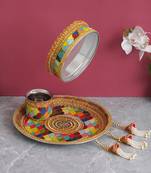 One multicolor rainbow designer stainless steel karwa chauth pooja thali set