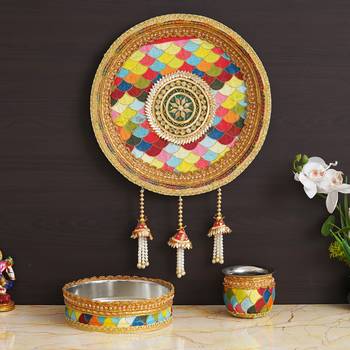 One multicolor rainbow designer stainless steel karwa chauth pooja thali set 2
