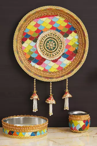 One multicolor rainbow designer stainless steel karwa chauth pooja thali set