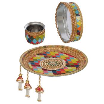One multicolor rainbow designer stainless steel karwa chauth pooja thali set 3