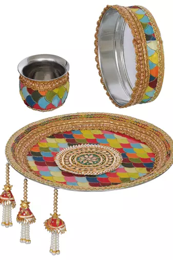 One multicolor rainbow designer stainless steel karwa chauth pooja thali set
