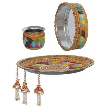 One multicolor rainbow designer stainless steel karwa chauth pooja thali set 4