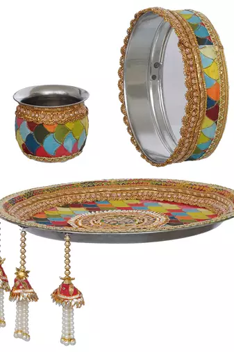 One multicolor rainbow designer stainless steel karwa chauth pooja thali set
