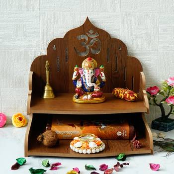 One om design with shelf laminated wood pooja temple/mandir 1