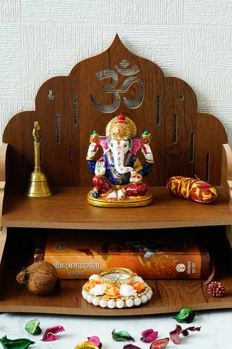 One om design with shelf laminated wood pooja temple/mandir