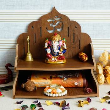 One om design with shelf laminated wood pooja temple/mandir 2