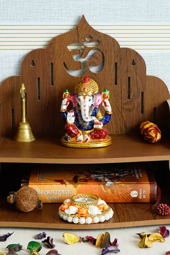One om design with shelf laminated wood pooja temple/mandir