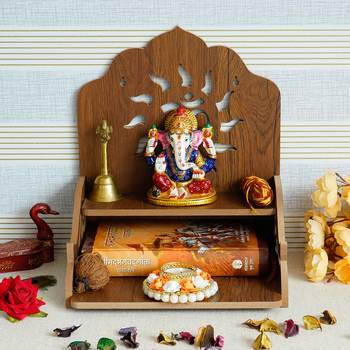 One om design with shelf laminated wood pooja temple/mandir 1